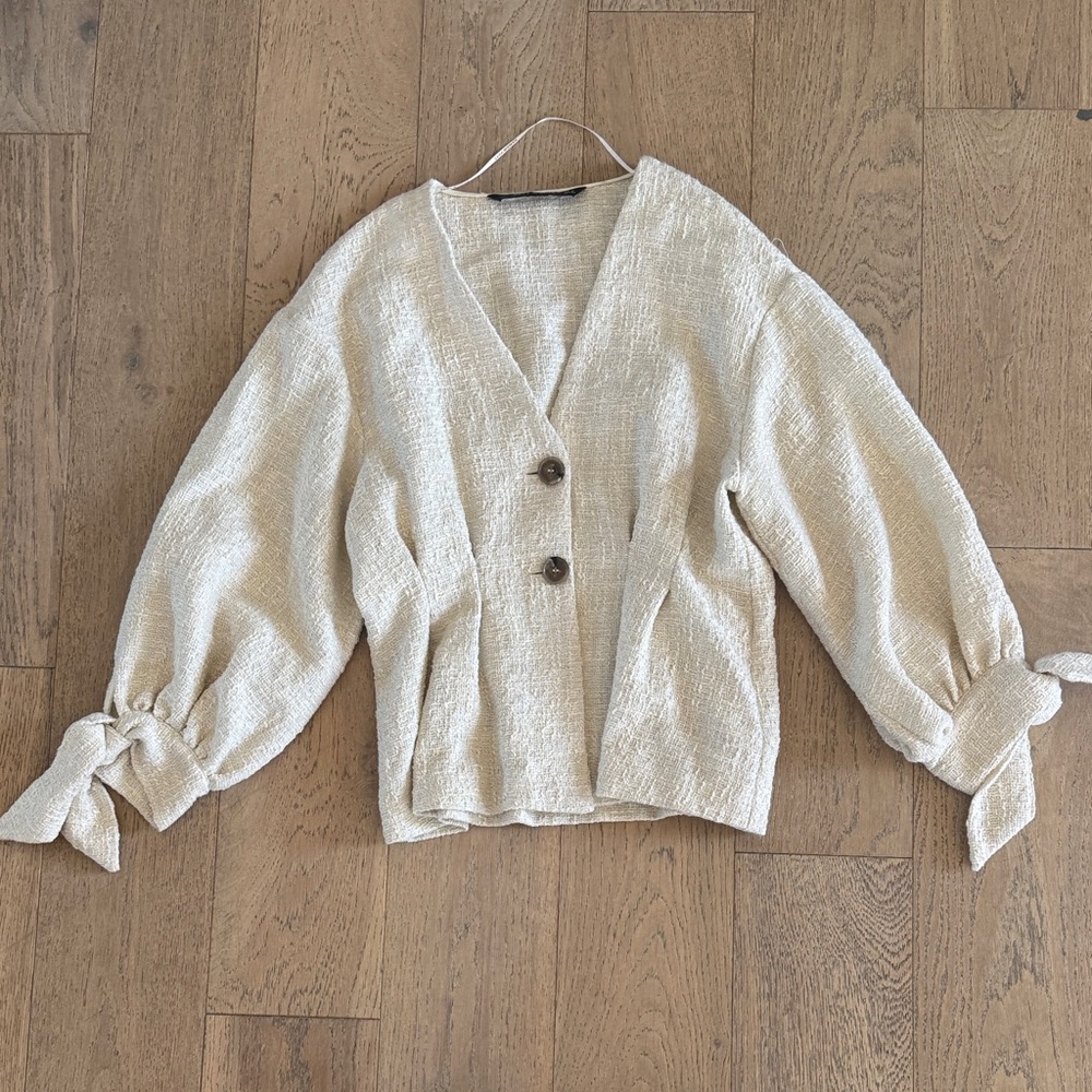 Zara Cream Textured Blouse with Tie Sleeves